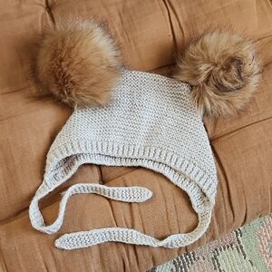 Adorable Knit Kids Hat with Brown Pom Poms Wool Blend